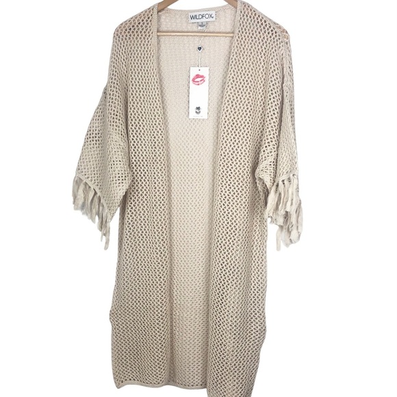 New with tag Wildfox Kelso Fringe Sleeve Cream Crochet Long Kimono Wrap Cardigan - Picture 5 of 16